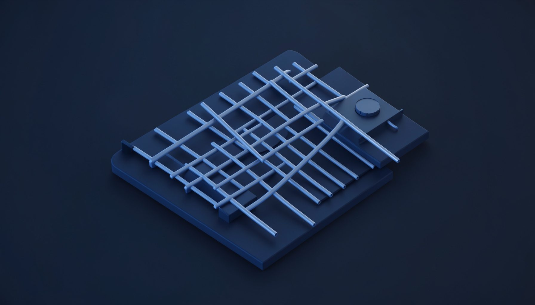Ізометричне 3D-зображення радіочастотної антенної решітки у сріблясто-синіх тонах на темному технічному тлі